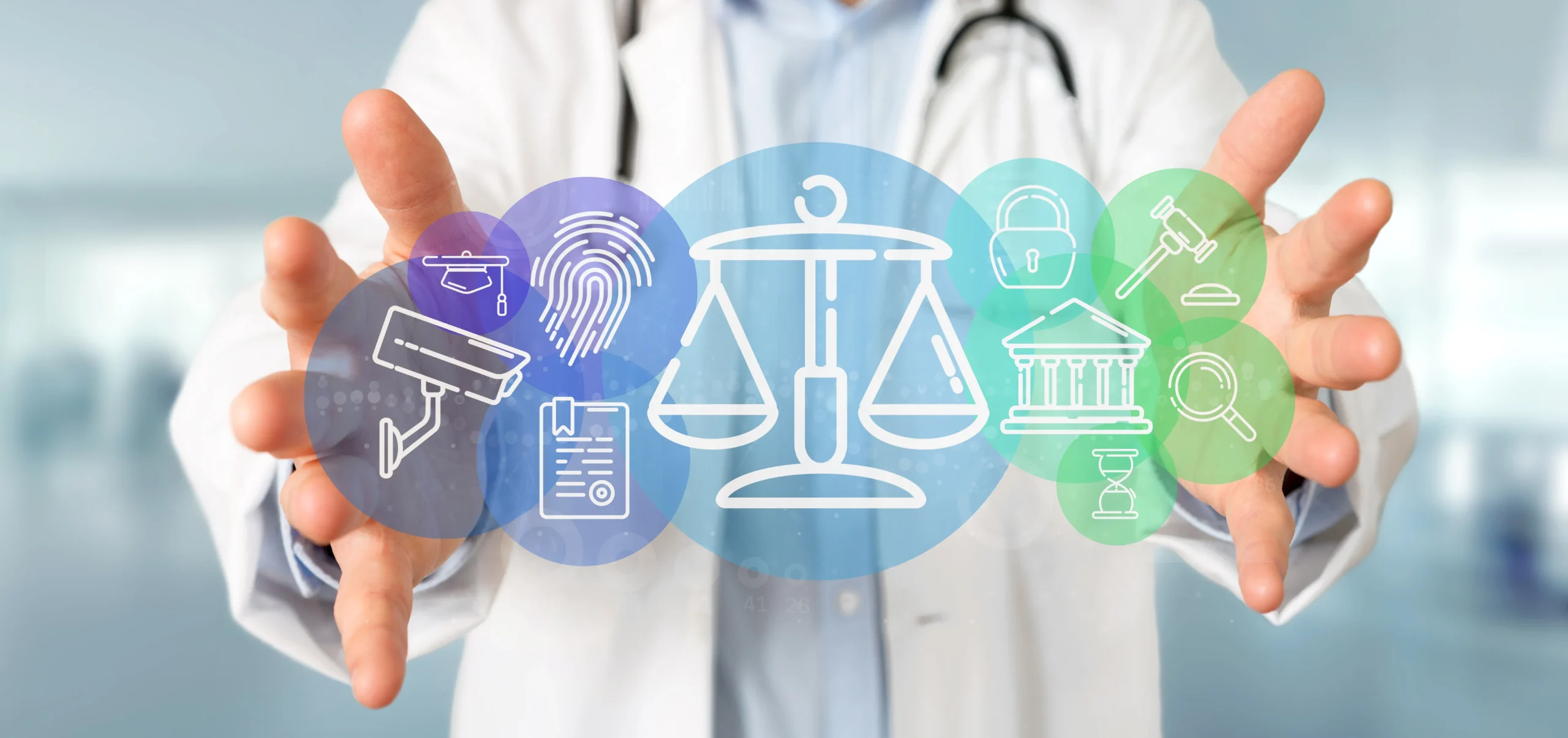 Medical professionals interacting with legal and forensic icons.