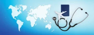 Medical travel concept with airplane, stethoscope, and world map.