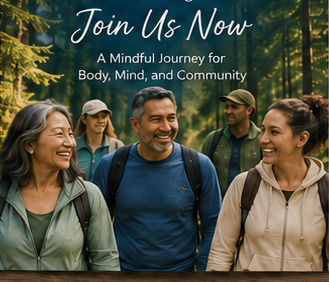 Smiling group hiking through sunlit forest trail