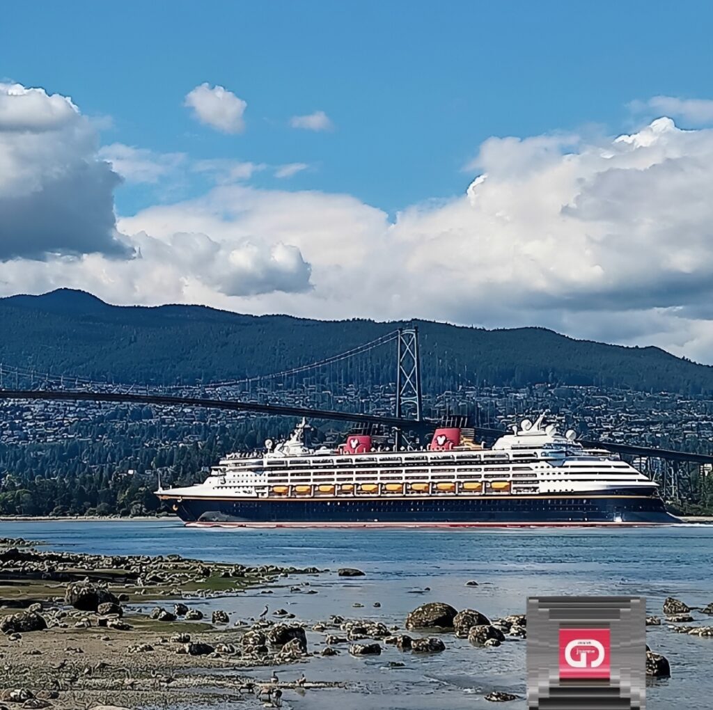 Cruise ship sailing near coastal suspension bridge